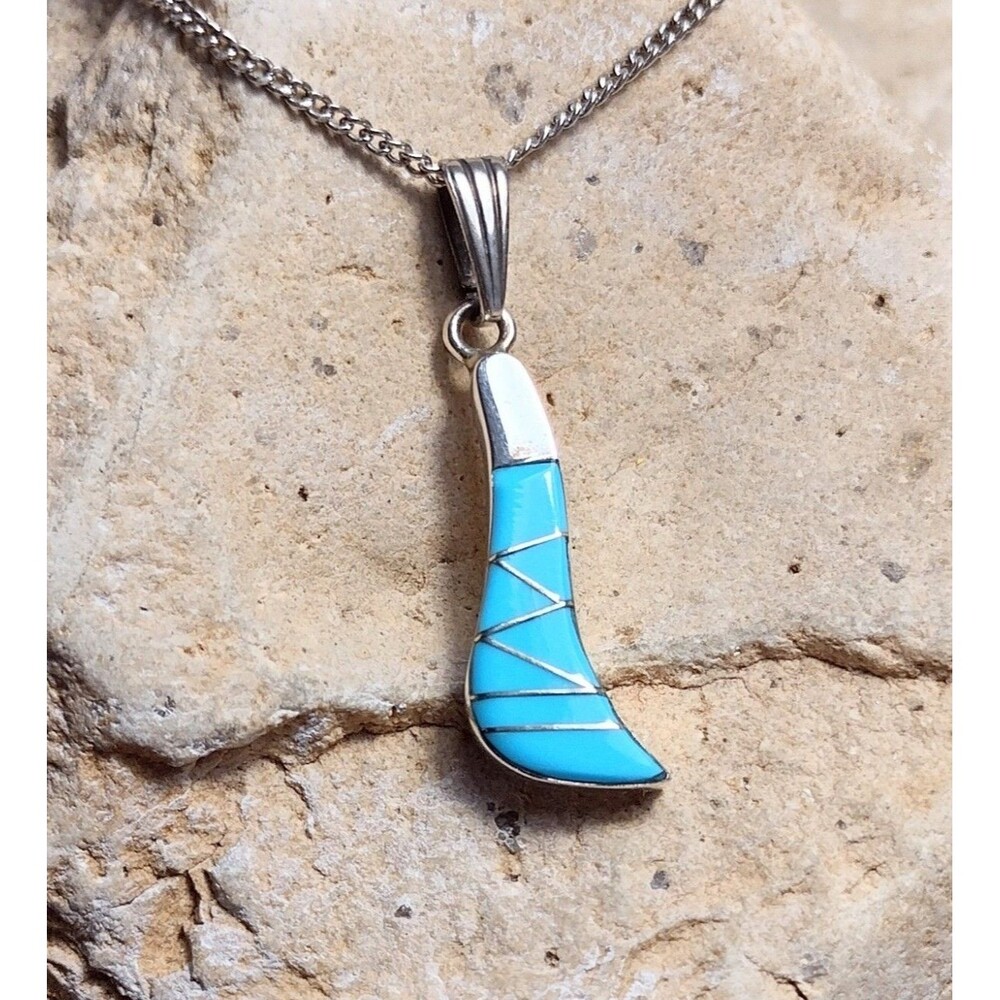 Sleeping Beauty Turquoise Inlay Sterling Silver Pendant Necklace